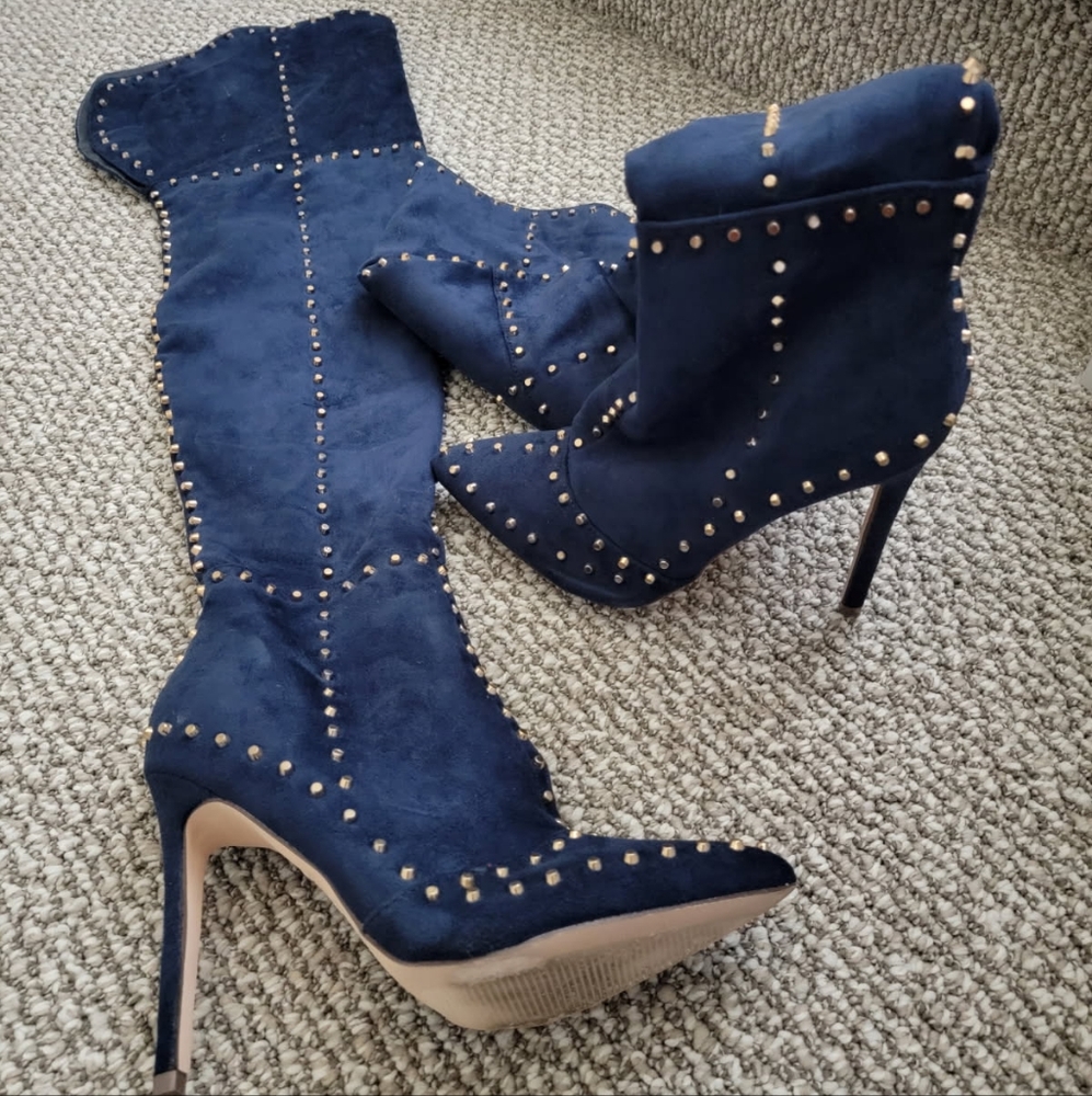 Studded Blue High Heel Boots